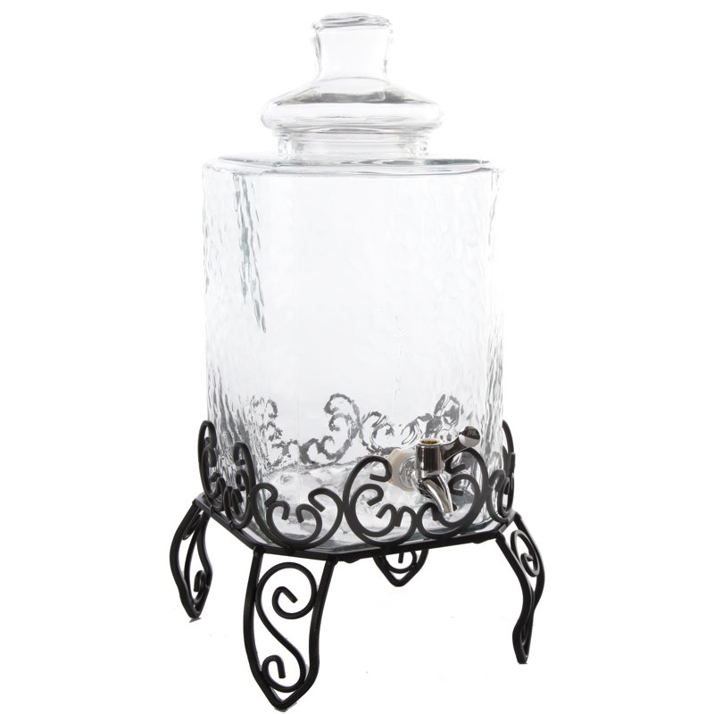 Amanda Square Embossed Glass 288 oz. Beverage Dispenser with Wire Stand